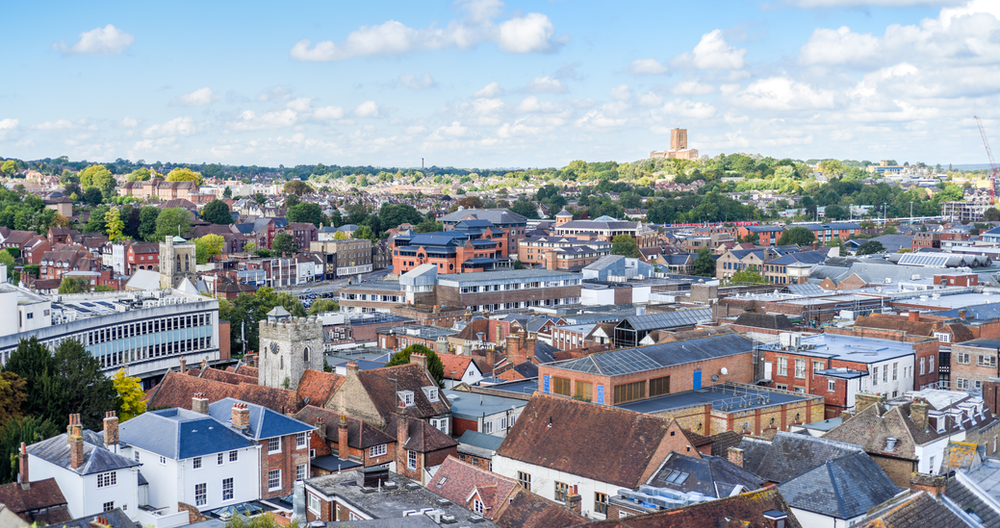 Panaromic view over Guildford town looking towards the cathedral