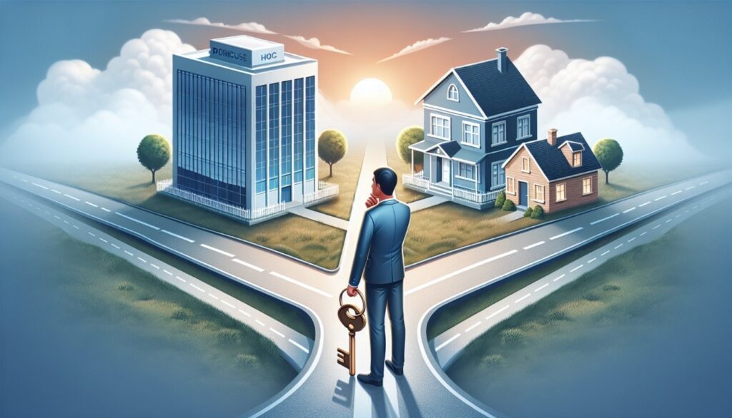 Man with key standing next to a company building and a home